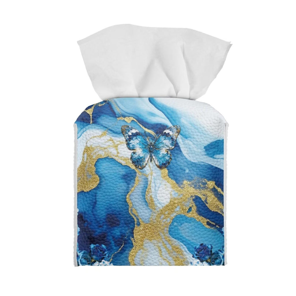 Pzuqiu Blue Marble Butterfly Modern Tissue Box Holder, Waterproof Square PU Leather Napkin Case with Metal Button Closure, Decorative Tissue Cover Organizer for Vanity, Desk, Car, and Living Room