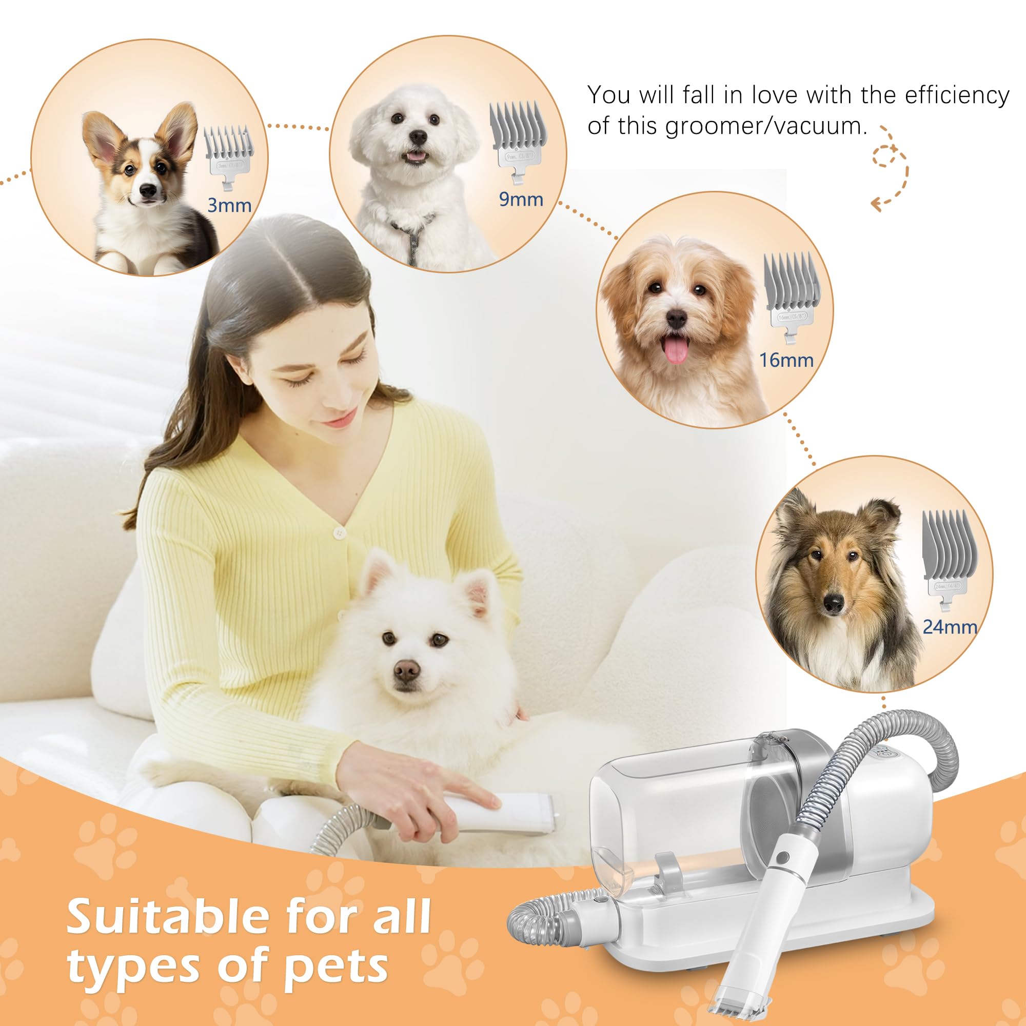 LMVVC Dog Grooming Vacuum, Pet Grooming Vacuum Kit 2.3L Suction 99% Pet Hair with 5 Tools for Dog Cat for Shedding Grooming, Low Noise (Grey & White)