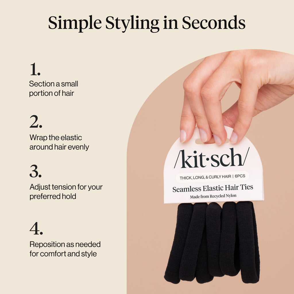 Kitsch Nylon Hair Ties No Damage - Stretchable Hair Bands for Strong All-Day Hold, Ponytail Holders | Hair Accessories for Girls - Black, 6 Pcs