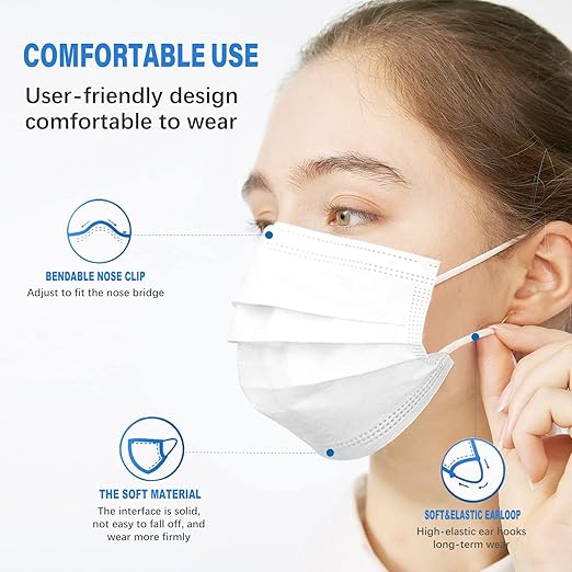 Wecolor 100 Pcs White Masks, Disposable Face Mask, 3 Ply Protection Masks