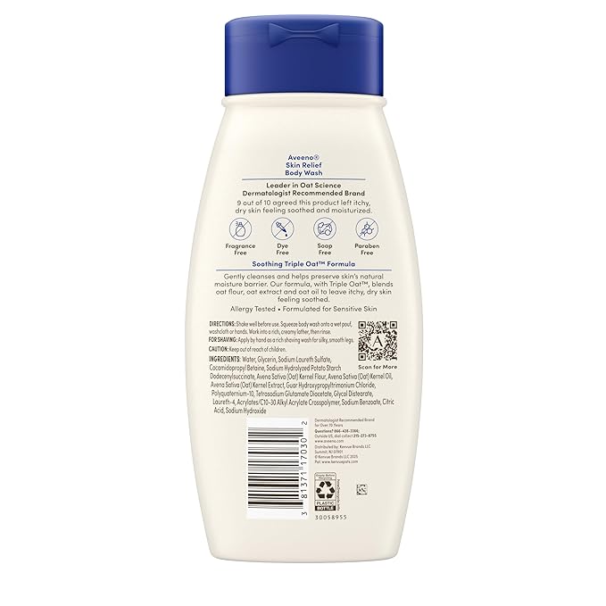 Aveeno Skin Relief Body Wash with Triple Oat Complex, Fragrance-Free, Gentle Daily Body Wash for Sensitive Skin Leaves Itchy, Dry Skin Feeling Soothed & Moisturized 18 Fl Oz
