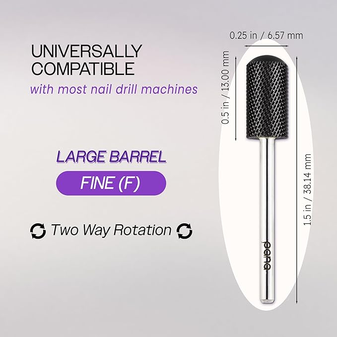 PANA 3/32" Large Smooth Round Top Safety Carbide Nail Drill Bit for Gel Polish & Acrylic Removal Nail Salon Manicure Pedicure Electric File Tools (Large Barrel - DLC Black, Fine)