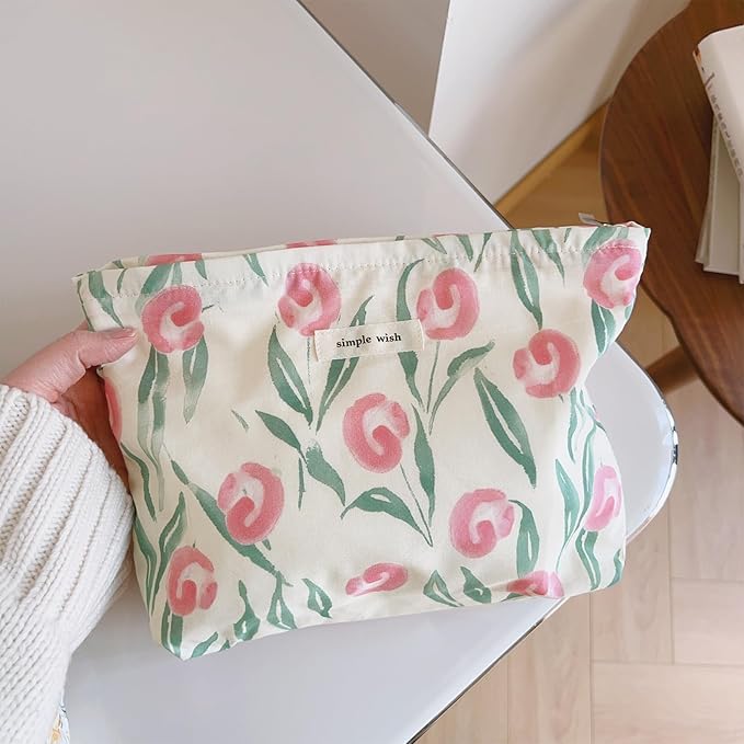 Wudygirl Cute Makeup Bag for Women - Travel Cosmetic Bag with Zipper Makeup Pouch Floral Make up Organizer Handbag Aesthetic (White Tulips)