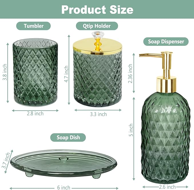 Haturi Bathroom Accessories Set, 4Pcs Sage Green Glass Bathroom Set Complete w/Bathroom Soap Dispenser Set, Toothbrush Holder, Qtip Holder, Soap Dish, Green Bathroom Decor, Gift for Home Apartment