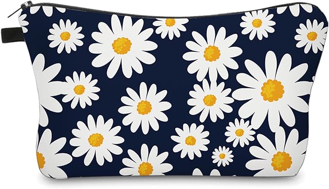 Aiphamy Cute Travel Makeup Bag Cosmetic Bag Small Pouch Gift for Women (Daisy Dark Blue)