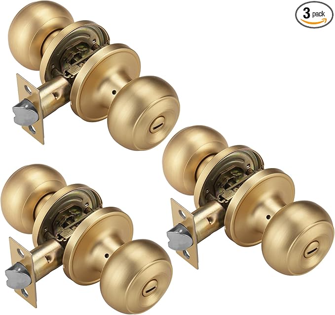 3 Pack Gold Door Knobs for Privacy, Brass Door Knob Interior for Bath & Bedroom with Turn Lock