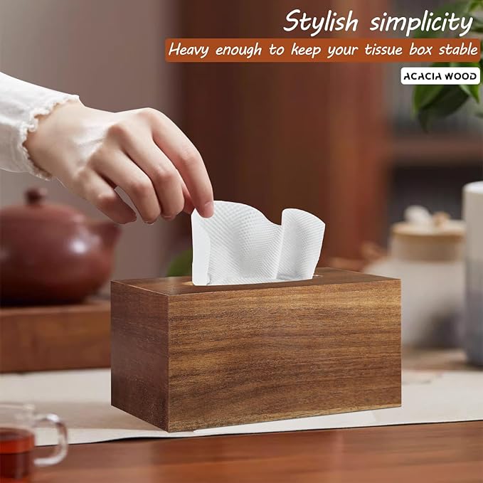 BIBELUN Tissue Box Cover,Acacia Wood Tissue Box Cover Rectangle with Slide-Out Bottom,Wooden Decorative Cube Facial Tissue Holder/Organizer/Dispenser for Bathroom,Office Desk & Bedroom Decor