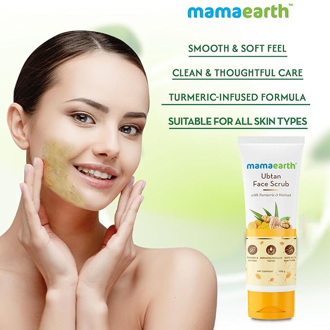 Mamaearth Ubtan Face Scrub with Turmeric & Walnut | De Tan Scrub Helps Remove Sun Tan & Dead Skin | Gently Exfoliates & Hydrates Skin | 3.53 Oz (100g)