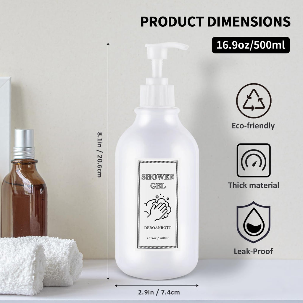 DEROANBOTT Shampoo and Conditioner Dispenser, Refillable Plastic Shampoo Pump Bottles with Waterproof Labels, Empty Body Wash Dispenser Set for Bathroom, Shower Soap Bottles (White)