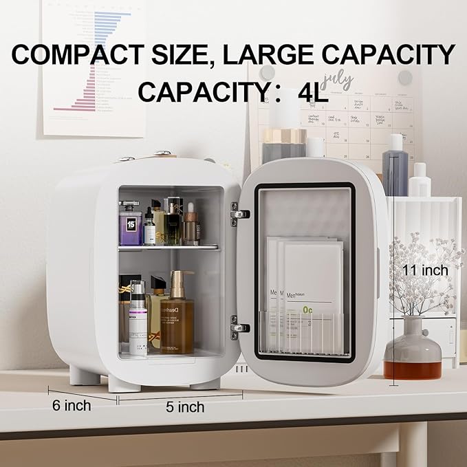LIGIANT Mini Fridge for Bedroom, 4L/6 Can Mini Makeup Fridge, Small Refrigerator w/3-Level Dimmable LED Light Mirror, Low Noise Fridge, Portable Thermoelectric Cooler&Warmer for Skincare