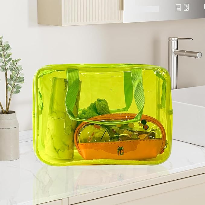 TotePrint PVC Clear Pure Color Transparent Large Zipper Cosmetic Pouch Travel Makeup Cosmetic Bag with Handle for Travel Bathroom Toiletry Organizer (Hot Pink)