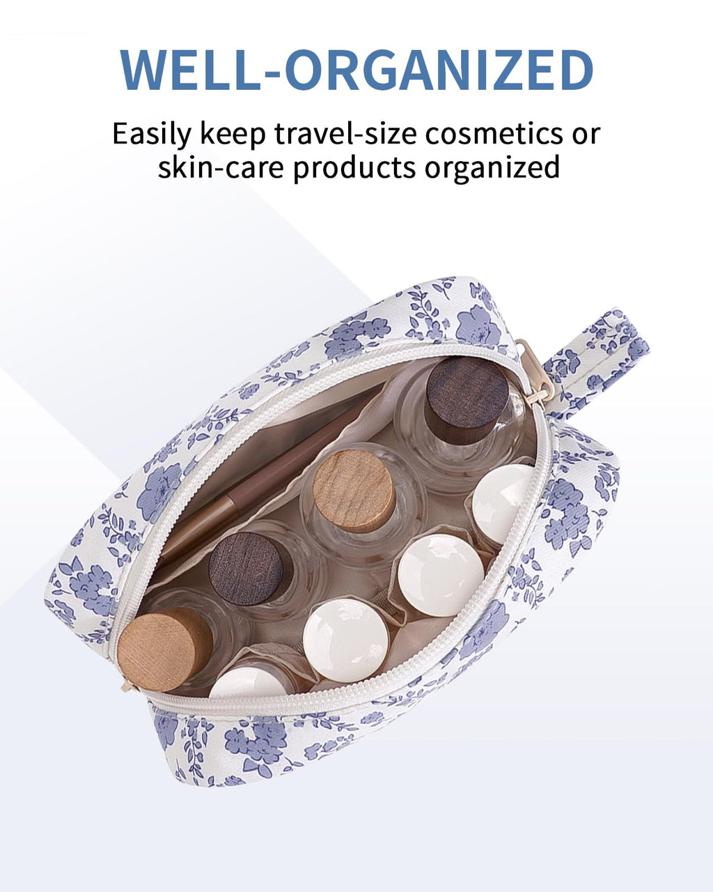 Narwey Small Makeup Bag for Purse Travel Makeup Pouch Mini Cosmetic Bag Zipper Pouch for Women (Little Grayish Blue Flower, Small)