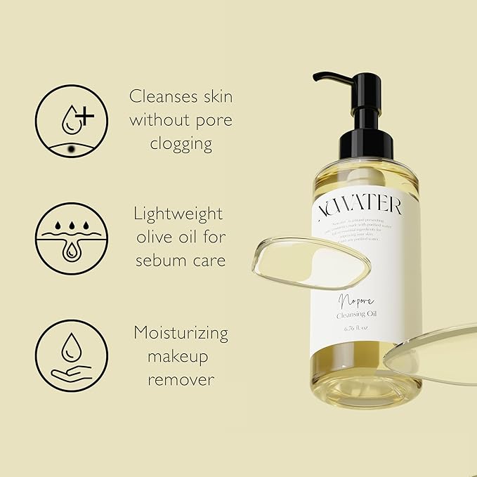 NOWATER Korean Cleansing Oil for Double Cleansing – Makeup Remover & Pore Cleanser with 30% Olive Oil, Tea Tree, Squalane, Blackhead Dissolving Facial Oil for All Skin Types, (6.76 fl.oz)