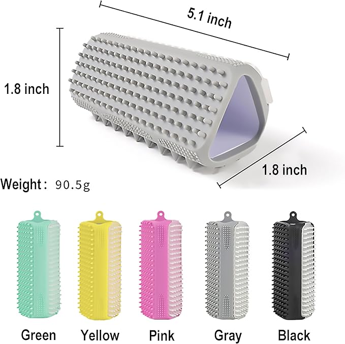 Triangular Wrap-Around Pet Grooming & Bath Brush for Dogs & Cats – 3-in-1 Silicone Dog Bath Brush with Deshedding Bristles, Massage Cones & Deep Cleaning Nubs, Soft Flexible Self-Cleaning Design,Gray