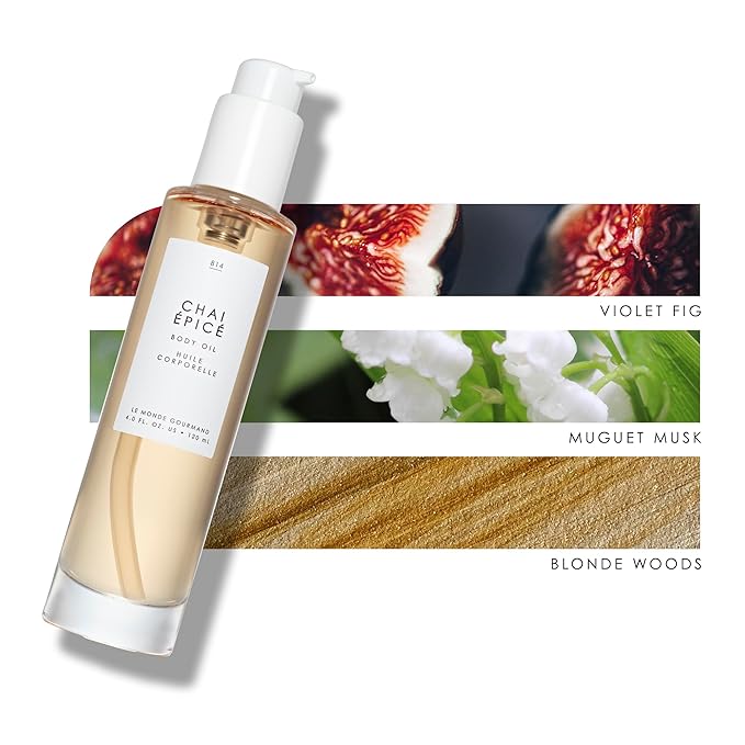 Le Monde Gourmand Chai Épicé Perfumed Body Oil for Women, Violet Fig, Muguet Musk & Blonde Woods Chai Scent, Vegan & Cruelty Free, 4 fl oz (118 ml)