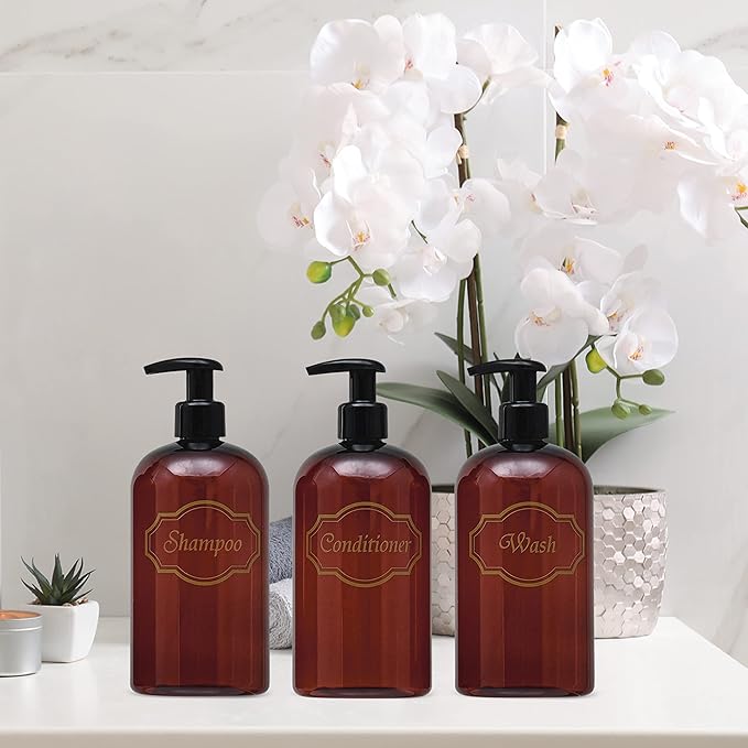 Bottiful Home-16 oz Shampoo, Conditioner, Wash Refillable Empty Plastic Pump Bottle Dispenser Set (Amber)
