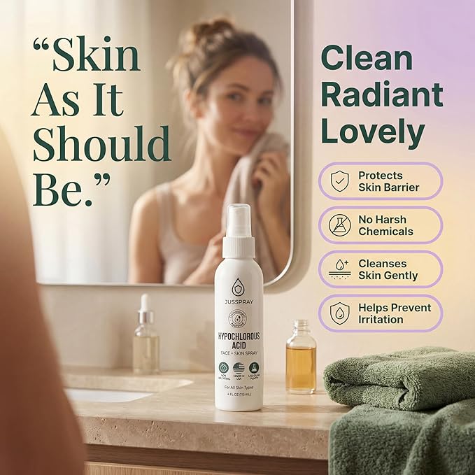 Jusspray™ Hypochlorous Acid Spray for Face and Skin | HOCI Facial Cleanser Mist | 8 oz Hypochlorous Acid for Face, Skin, Acne, Eczema, Body Acne Sprays, Piercing Aftercare, Wound Solution