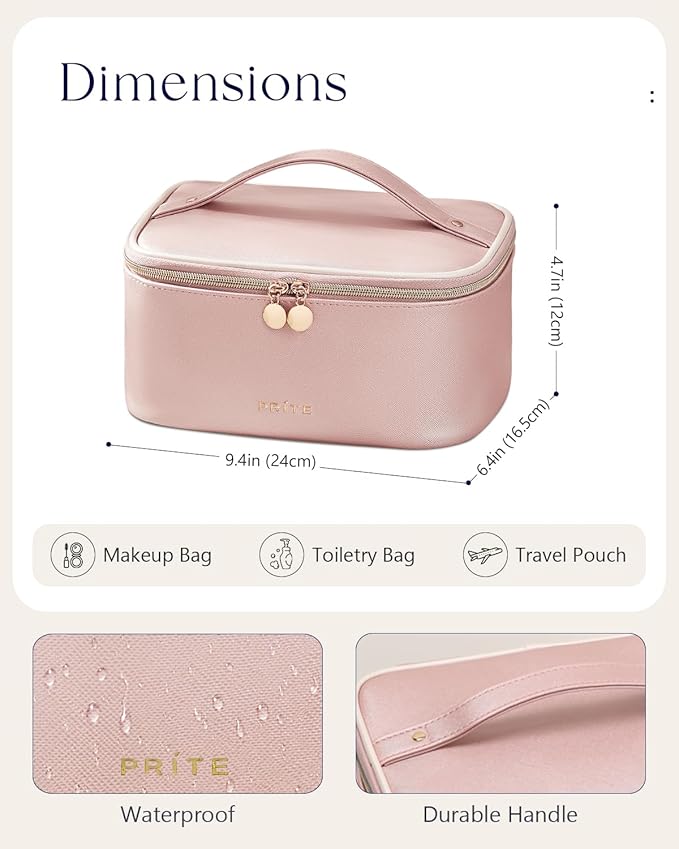 Prite Makeup Bag, Large Capacity Cosmetic Bag for Women and Girls, Waterproof PU Leather Travel Makeup Case, Toiletry Organizer with Handle and Divider for Skincare and Brushes - Pearl Pink