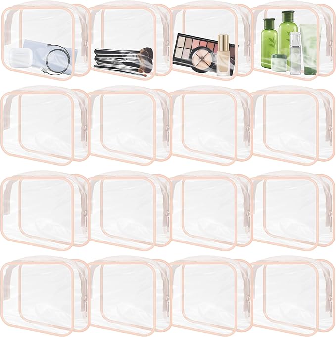 GONITYOU 16 Pieces Clear Makeup Bags Bulk, TSA Approved Toiletry Bags Travel Pouch, Waterproof PVC Plastic Small Clear Cosmetic Bags with Zipper for Organizing (Light Pink Border)