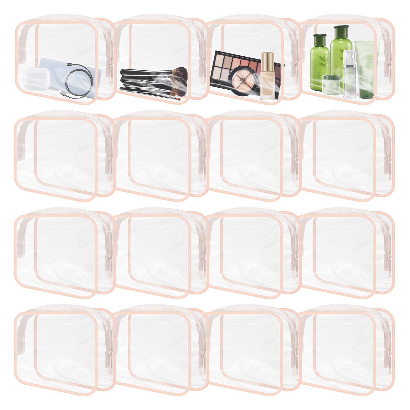 GONITYOU 16 Pieces Clear Makeup Bags Bulk, TSA Approved Toiletry Bags Travel Pouch, Waterproof PVC Plastic Small Clear Cosmetic Bags with Zipper for Organizing (Light Pink Border)
