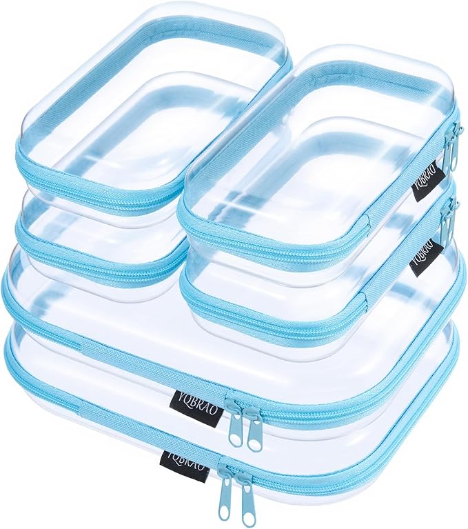 6 Pack Blue Clear Hard Shell Beauty Organizer (2M+4S), 1.2mm Heavy Duty Crush-Proof Cosmetic Case, Reinforced YKK Zippers, Stadium Approved Security Bag for Skincare & Electronics, Multi-Size Set