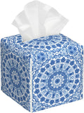 Boho Mandala Flower Tissue Box Cover Square, Blue and White Porcelain Floral Tissue Box Holder Waterproof Leather Facial Paper Organizer Dispenser for Bathroom Home Car Nightstand Vanity Desk