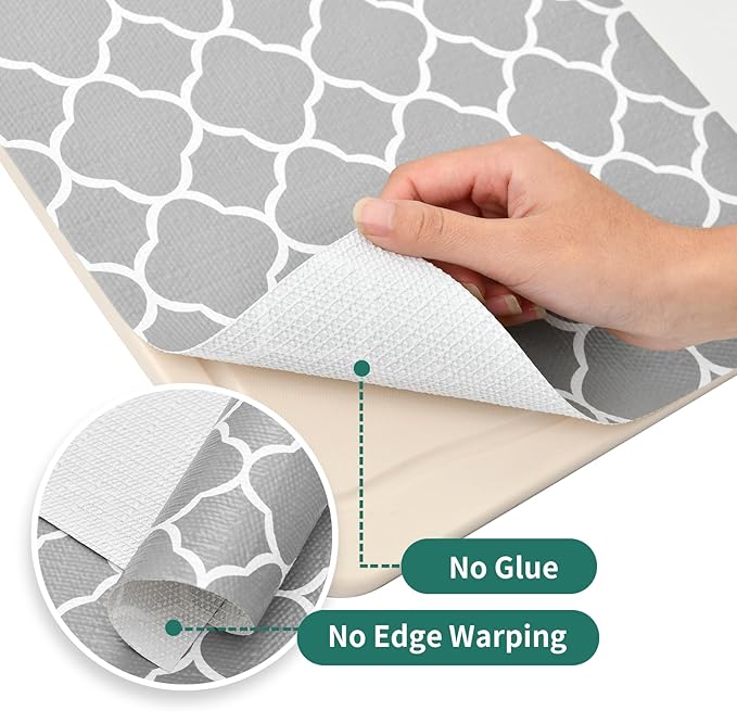 Shelf Liners for Kitchen Cabinets 17in x 30FT Non Adhesive Drawer Liner Gray Quatrefoil Thickened Shelf Liner Paper Strong Non-Slip Easy to Clean for Tool Box Refrigerator with Knife and Tape Measure