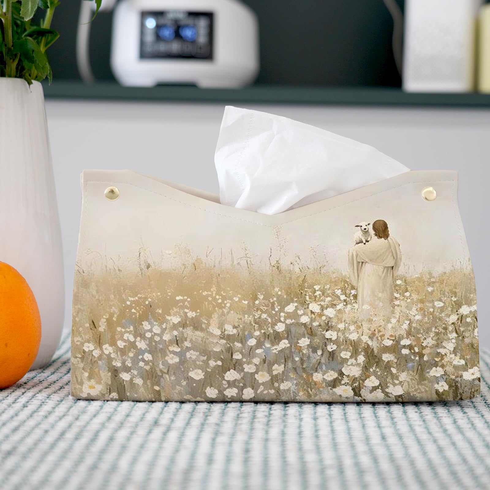 PaJiaNi Jesus Tissue Box Cover Rectangle,Christian Toilet Paper Box Holder,Christian Religious Decorative Facial Paper Case for Living Room Bathroom Kitchen Office Desk,9.8x5.9x5.9In
