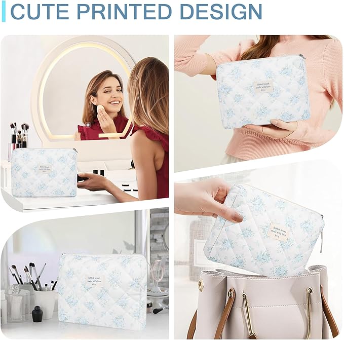 Gosect Floral Makeup Bag, Large Cosmetic Bag for Women Girls, Cute Cotton Makeup Pouch, Quilted Makeup Bags, Flower Travel Toiletry Organizer Bag(Blue Rose)