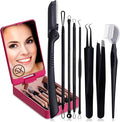 JPNK Blackhead Remover Tool Comedones Extractor Acne Removal kit & Eyebrow Trimmer Kit, 8PCS in One with 5X Magnifying Mirror (Black)