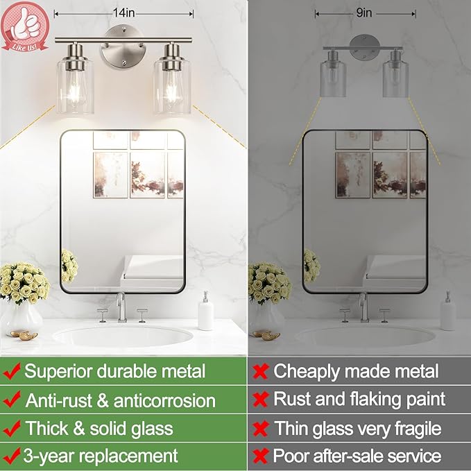 Zarbitta 2-Light Bathroom Light Fixtures, Brushed Nickel Vanity Light, Modern Vanity Lights with Clear Glass Shade, Bathroom Wall Lamp for Mirror Kitchen Living Room Hallway Cabinet Porch
