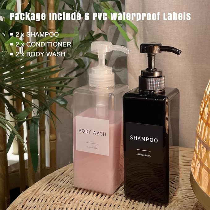 Shampoo and Conditioner Dispenser, Refillable Plastic Shampoo Pump Bottles with Waterproof Labels, Empty Body Wash Dispenser Set for Bathroom, Shower Soap Bottles (Clear, Set of 3, 16.9oz)