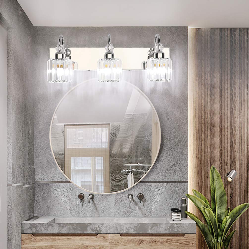 Ralbay Modern LED Crystal Bathroom Vanity Lights 3-Lights Stainless Steel Crystal Vanity Lights Over Mirror Modern Crystal Bathroom Vanity Lighting Fixtures