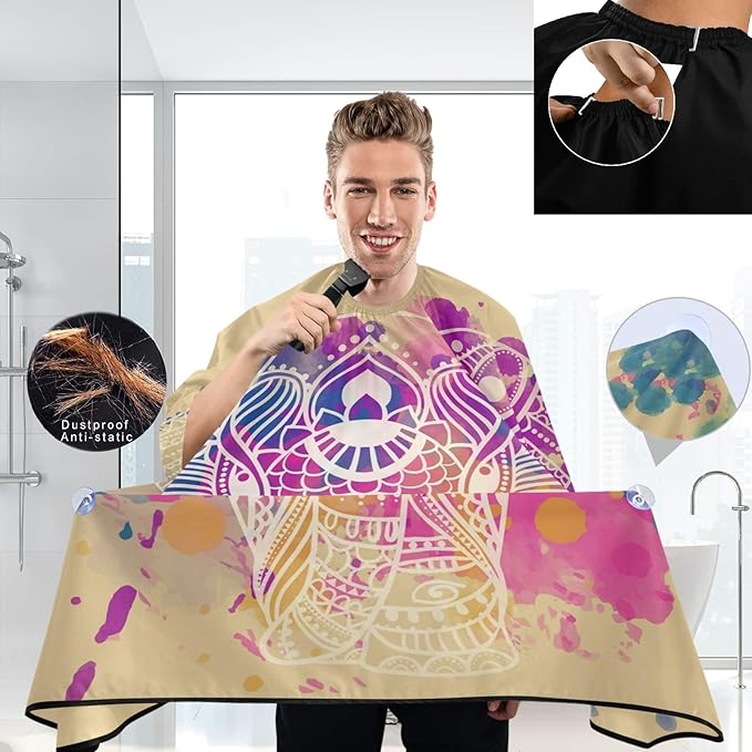 Visesunny Barber Cape - Vintage Elephant Colorful Tattoo Polyester Hair Cutting Salon Apron Anti-Static Haircut Water-Resistant Shaving Cloth Beard Shaving Bib