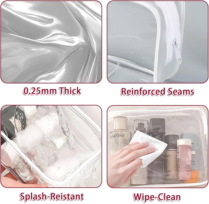 6 Pcs Large Clear Makeup Bags, TSA Approved Toiletry Bags for Travel, Waterproof Clear Pouches with Zipper, Plastic Cosmetic Organizer Case for Women Men Vacation Bathroom Essentials (White Large)