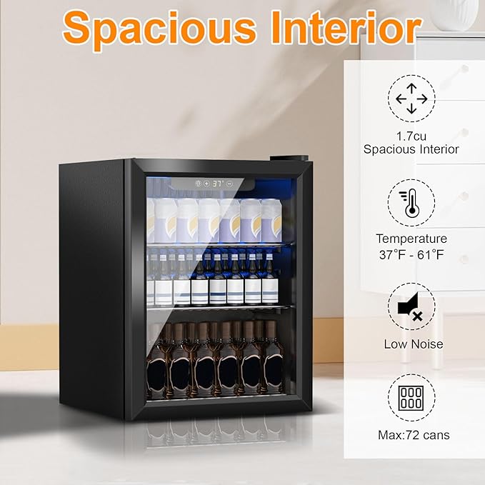 DOGHLY Beverage Refrigerator Cooler, 72 Can Mini Fridge Glass Door for Drinks Soda, Beer, or Wine - Small Refrigerator for Office Bedroom Home Bar, Adjustable Shelves, 1.7 Cu.Ft, Black