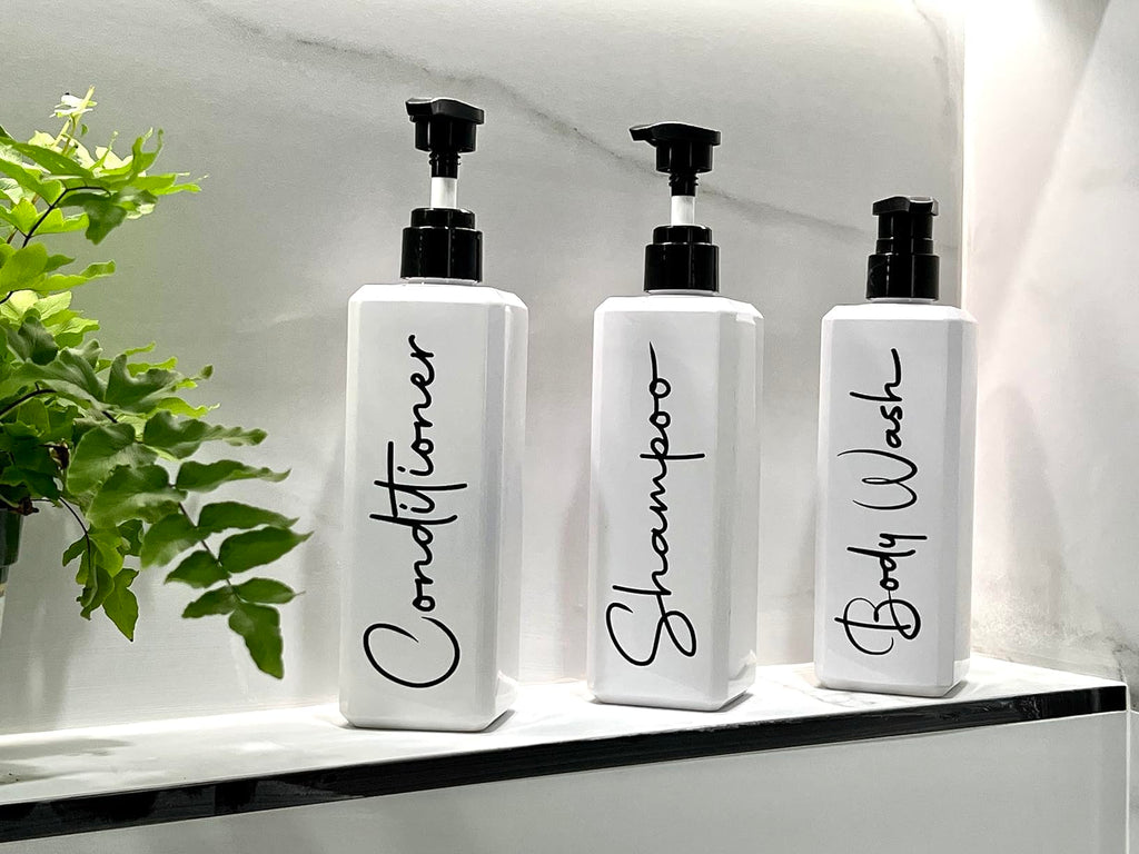 Spa-Inspired Refillable Shampoo and Conditioner Bottles - Dispenser Set of 3 with Pump - Bottles for Shower Wall – Printed Shampoo, Conditioner & Body Wash
