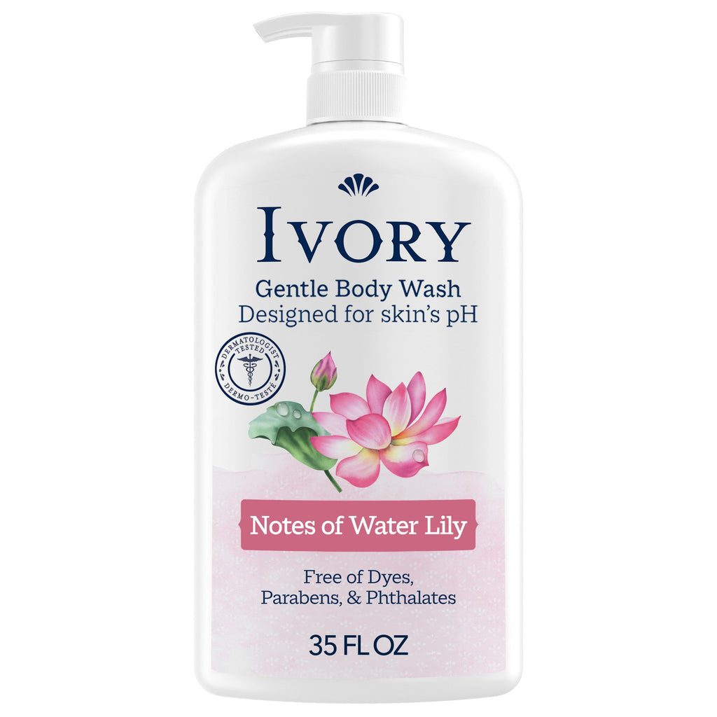 Ivory Body Wash, Designed for the Whole Family, Gentle Formula, Free of Dyes Heavy Perfumes Parabens Phthalates & Silicones, Designed for Skin's pH, Water Lily Scent, 35 oz