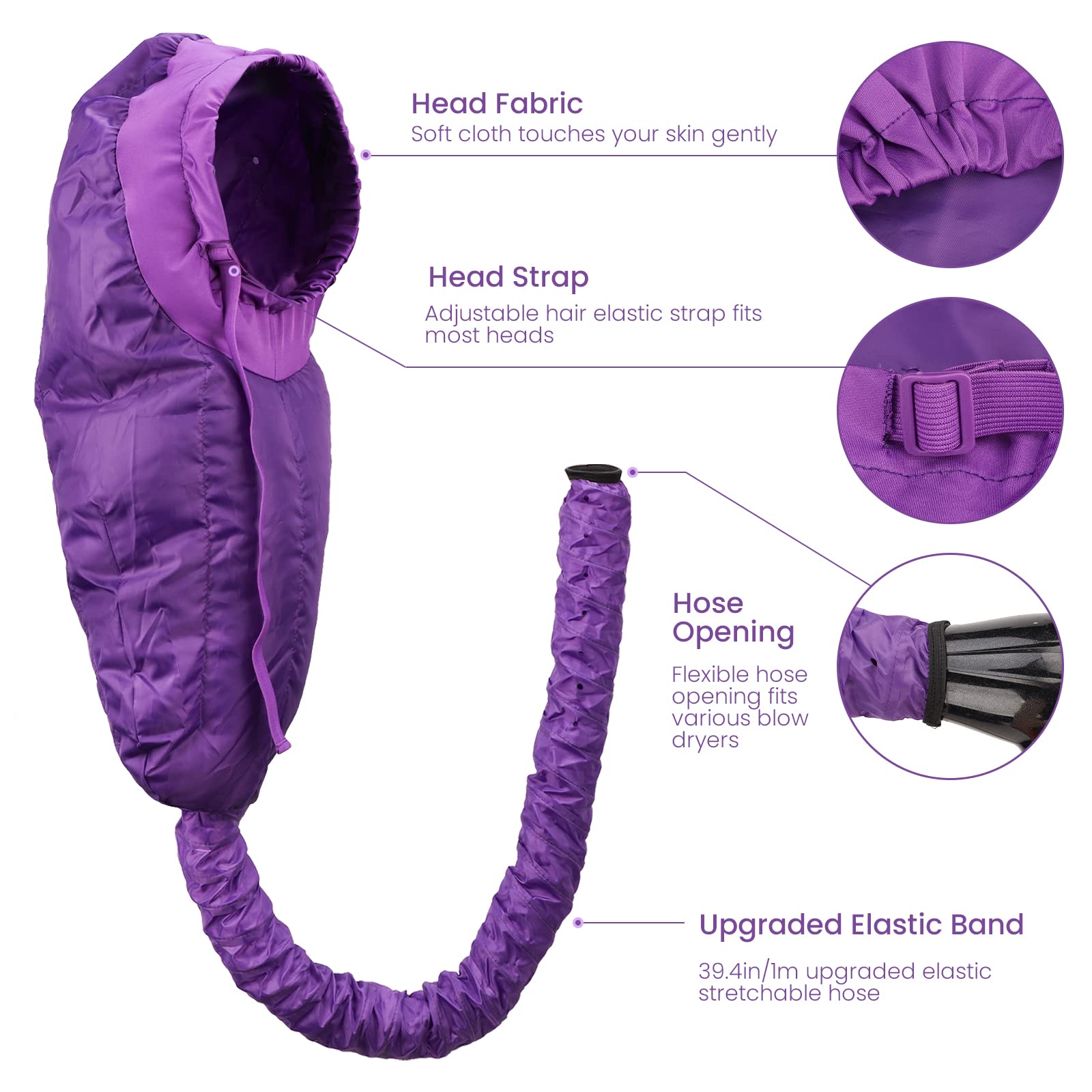 Segbeauty Bonnet Hooded Hair Dryer Attachment, XL Adjustable Deep Conditioning Cap, Upgraded Drying Heat Cap with Elastic Strap for Curly Hair Nursing Oil Treat-Ment Fast Drying Styling Purple