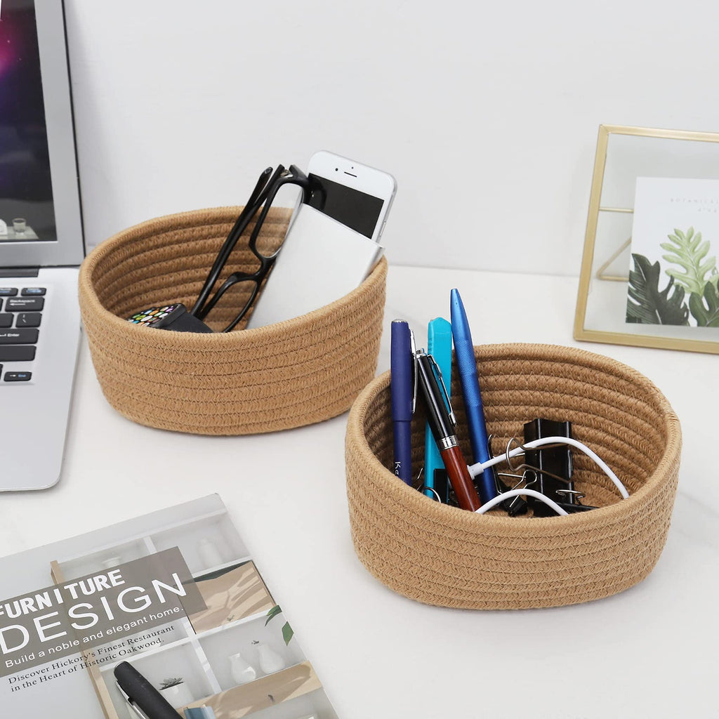 【2 Pack】ABenkle Small Woven Baskets, Tiny Oval Shallow Storage Baskets, Mini Cotton Rope Empty Decorative Basket, Boho Little Organizer Bins for Bathroom, Cat Dog Toy Gifts Baskets