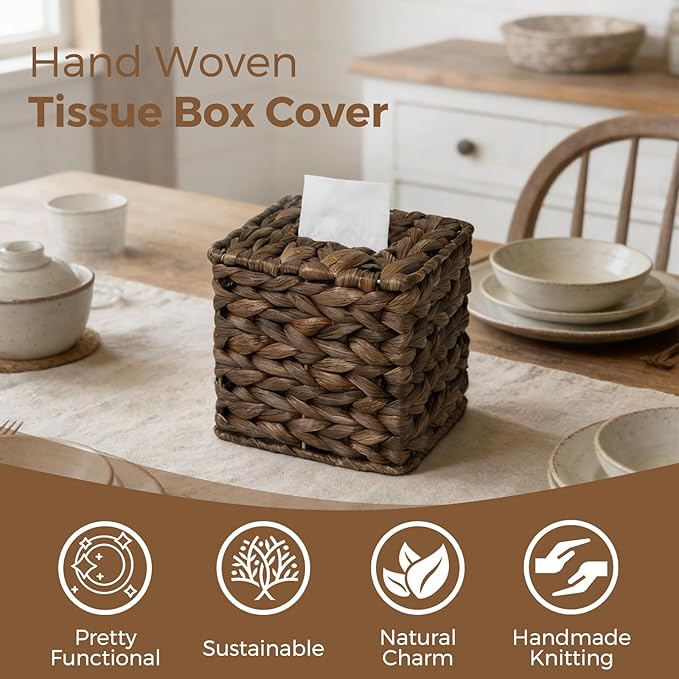Tissue Box Cover, Square Wicker Tissue Box Holder Facial Tissues Boxes, Hand Woven Napkin Box Tissue Holder for Bathroom Bedroom Office Table Desk Night Stand, Boho Decorative, Brown
