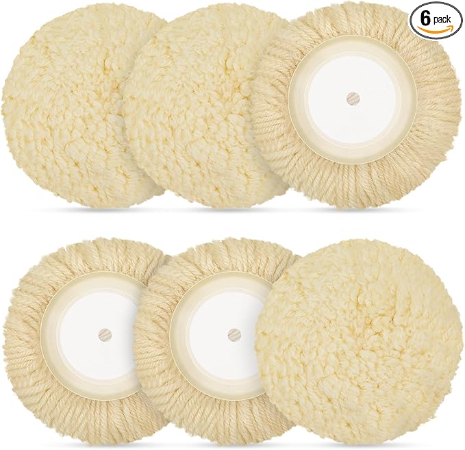 Tallew 6 Pcs 7 Inch Wool Polishing Pad Hook Loop Buffing Pad for Drill Curved Edge Compound Cutting Tool Drill Polisher Attachment Wheel Polish Kit Car Body Repair Buffing