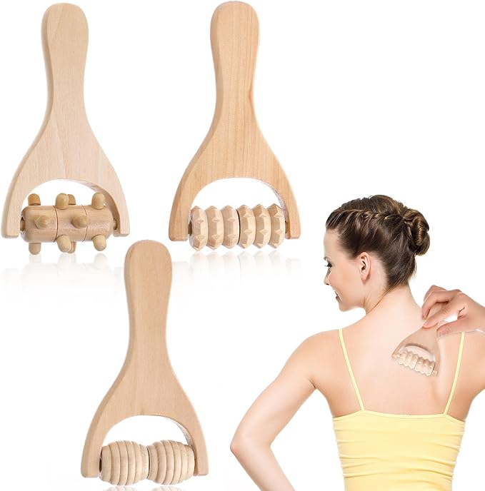 Abeillo 3Pcs Wood Therapy Massage Tools Wooden Massage Rollers, Hand Massage Tools Manual Muscle Roller Stick for Relaxes Thigh, Leg, Hands Full Body Muscle Men Women