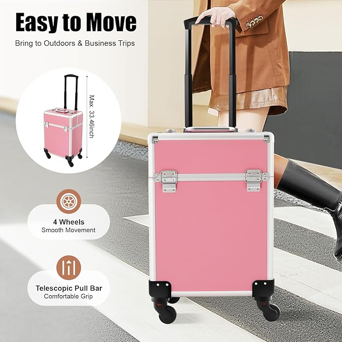 KHROOLT Rolling Makeup Train Case, Large Aluminum Alloy Cosmetic Trolley Case with Wheels & Retractable Handle, Lockable Storage for Makeup Artists, Lash Techs, Travel, Pink