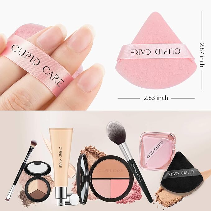 CUPID CARE 6 Pcs Triangle Powder Puff with 2 Travel Cases, Setting Powder Puffs for Face Powder and Foundation, Velour Makeup Puff for Loose Powder Body Powder, Skin-Friendly, Beauty Makeup Tools