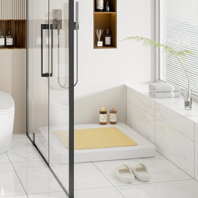 HITSLAM Square Shower Mat Non Slip, Bath Tub Mat for Textured Surface, Soft PVC Loofah Bathtub Mats Without Suction Cups, Quick Drying Shower Floor Mat, 24 x 24 Inch Bathroom Accessories, Beige