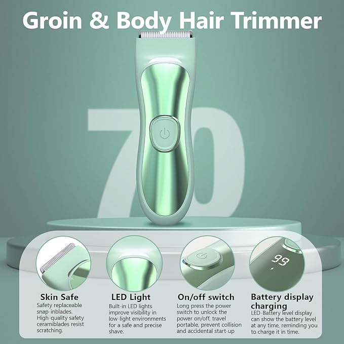 Body Hair Trimmer Shavers for Men, Groin Hair Trimmer with Ceramic Blade, Wet & Dry Use Eelectric Shaver, Waterproof Manscaper with LED Light mnfor Pubic Area, Chest, Legs & Bikini