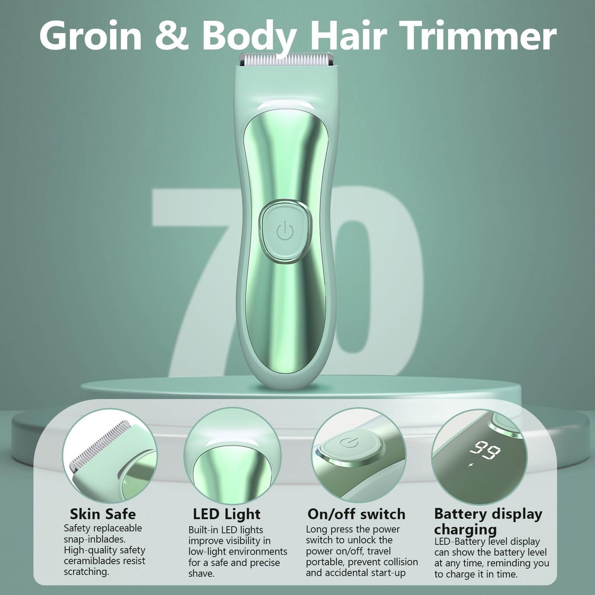 LAJCAEN Body Hair Trimmer with Ceramic Blade, Multipurpose Hair Trimmer with 3 Guide Combs for Boby Hair/Hair/Beard, Wet & Dry, Travel Lock, for Family Woman & Man, Green