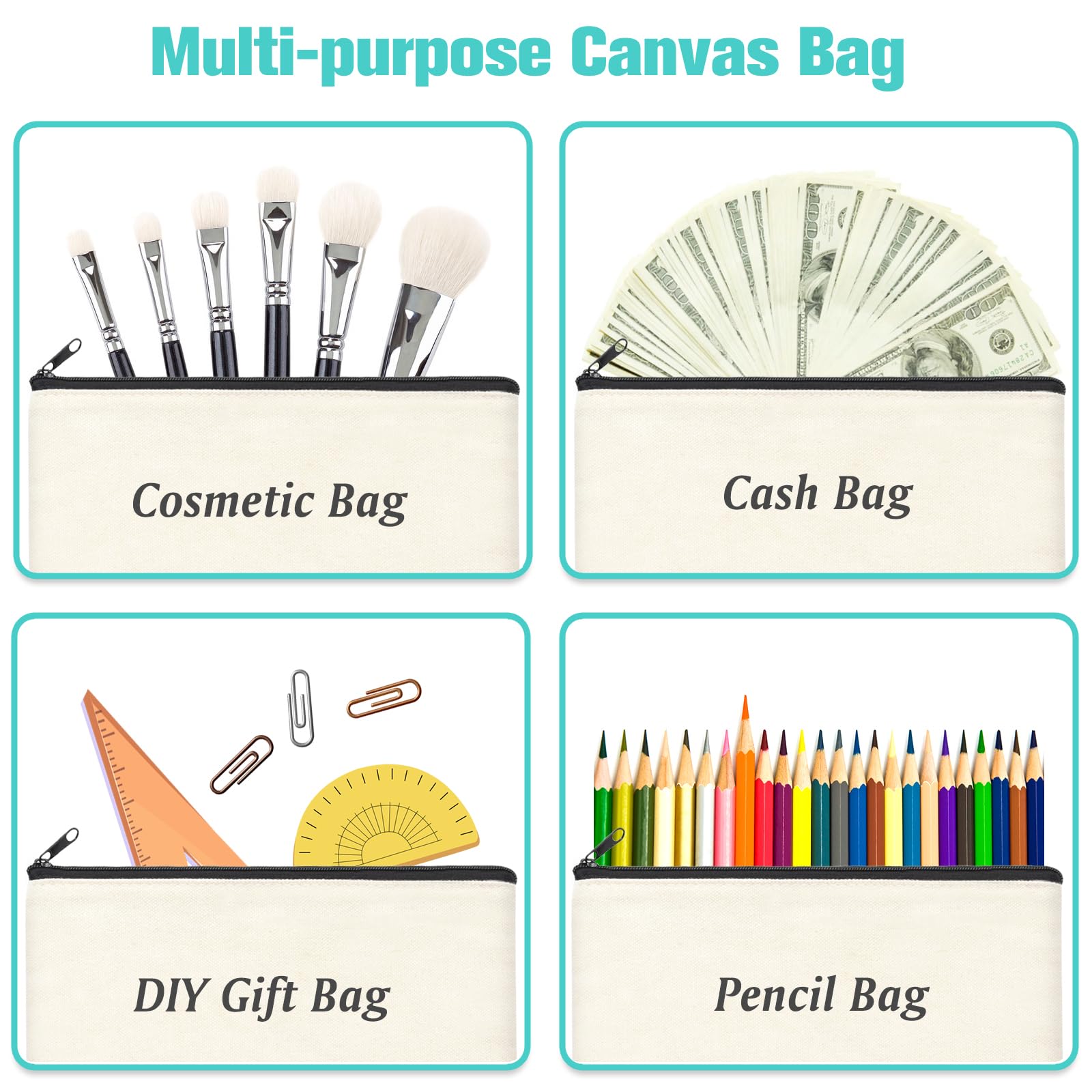 ZeeDix 24 Packs Beige Canvas Pouch- Multi-purpose Cosmetic Bag with Zipper, Blank DIY Craft Canvas Zipper Bags, Travel Toiletry Bag (8.3 x 5 inches)