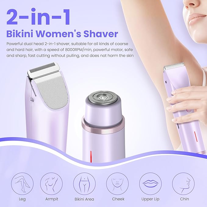 Bikini Trimmer for Women, 2-in-1 Lady Shaver Rechargeable Electric Razor for Women Legs, Body & Intimate Areas, USB-C Wet & Dry Use (Purple)